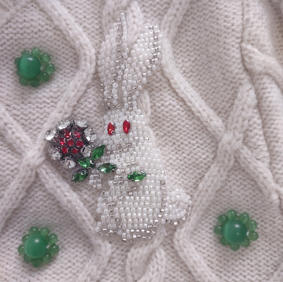 MUKZIN Wool Korean Unique Bunny Bejeweled Knitted Beige Cardigan Sweater - Picture 9 of 16